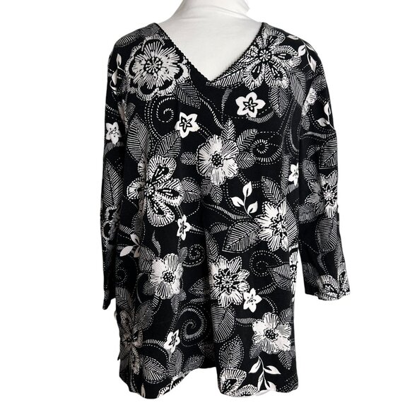 Alfred Dunner Black White Floral Size Large Pullover 3/4 Sleeves Top Shirt - Picture 1 of 8